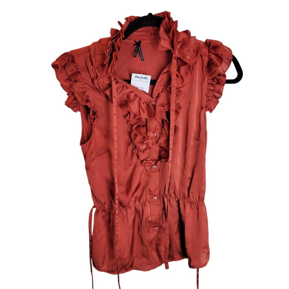 Lapis Womens Sz S Red Orange Solid Sleeveless Ruffle Blouse